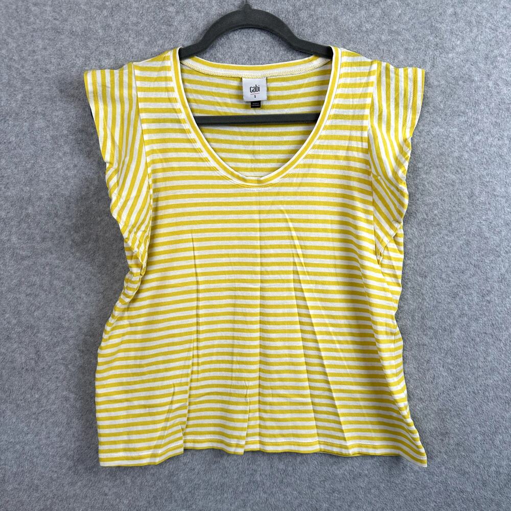 Cabi Striped Ruffle Tee Women's Size Small Yellow White Daisy T-Shirt Style 5748